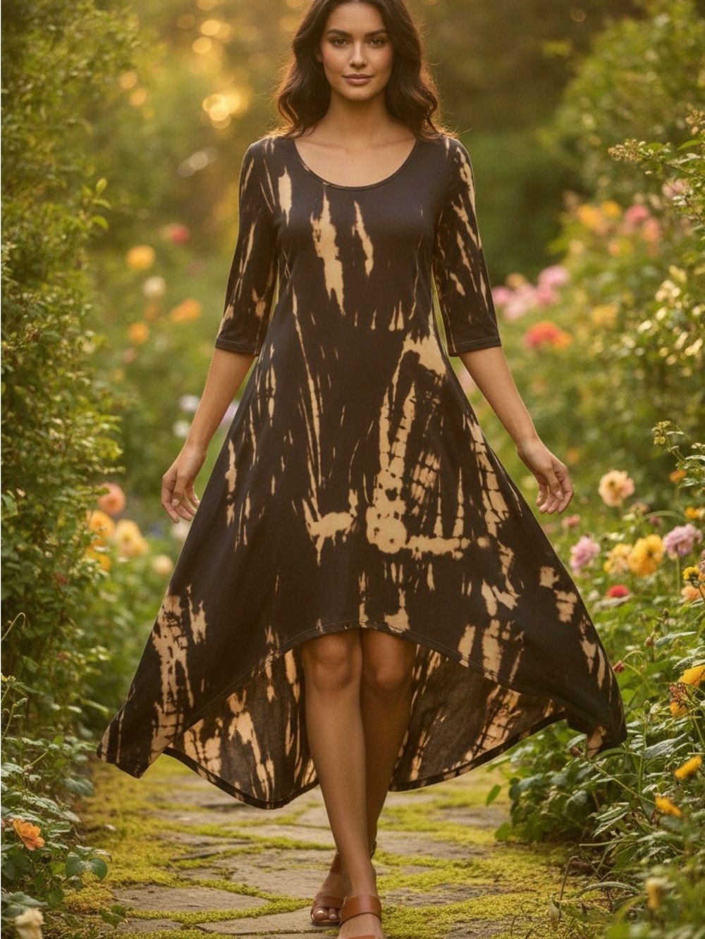 Tie-Dye Brown High-Low Swing Dress With Pockets Flowy